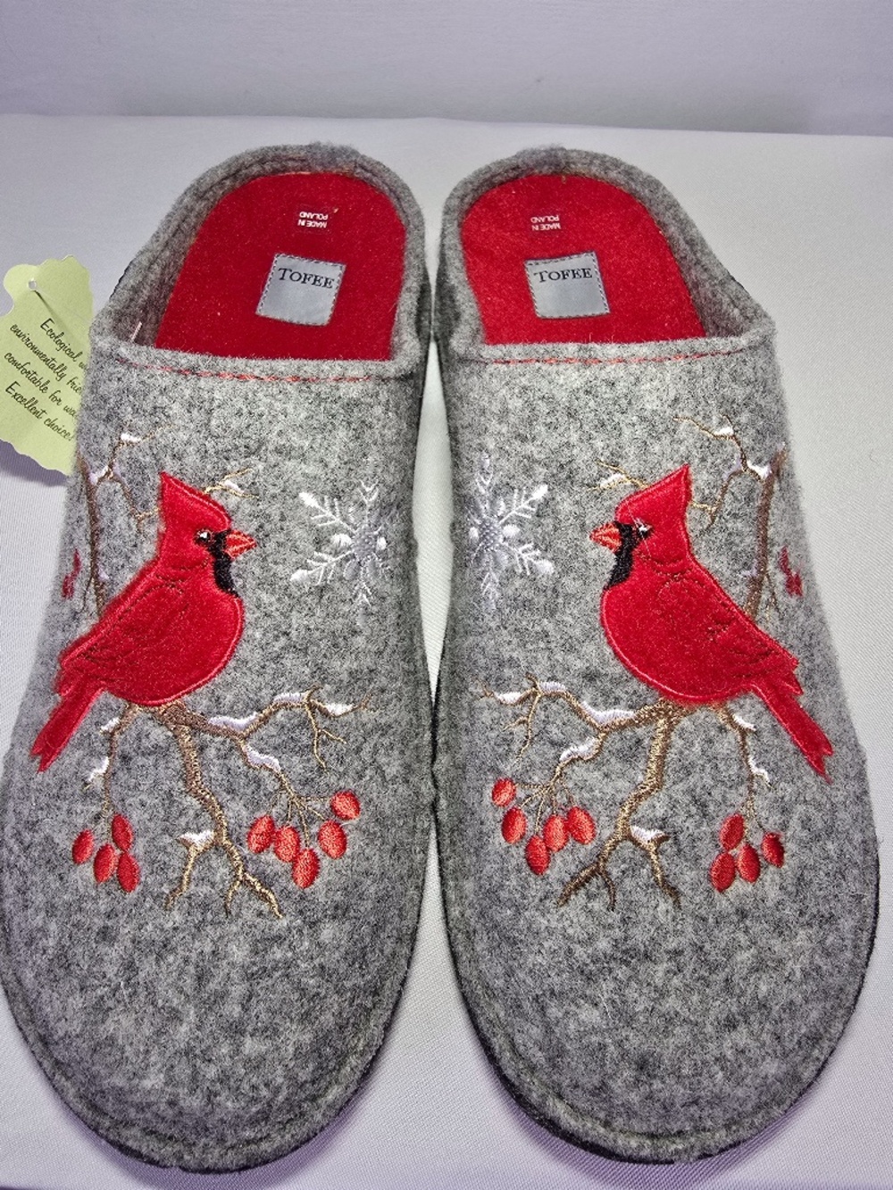 NWT TOFEE Wool Felt Cardinal Slippers Size 8 Gray Red Made in Poland House Shoes